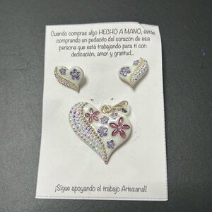 Enamel heart pendant and earring set